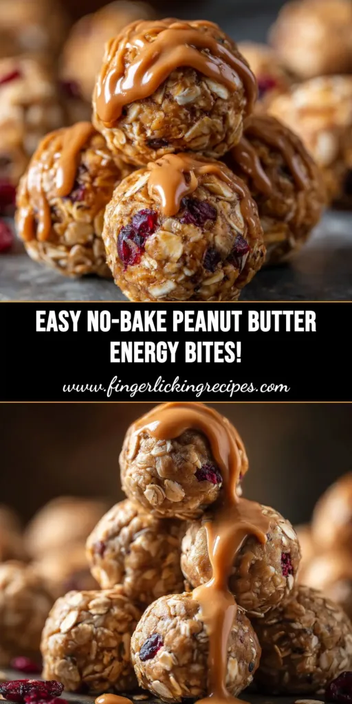 A close-up shot of a stack of No-Bake Peanut Butter Energy Bites, with some oats and chocolate chips scattered around on a wooden surface.