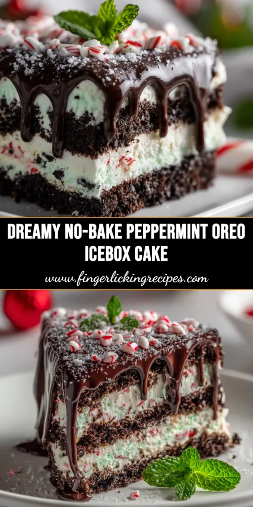 A slice of No-Bake Peppermint Oreo Icebox Cake on a white plate, showing the distinct layers of Oreo crust, creamy peppermint filling, and whipped topping, garnished with crushed candy canes.