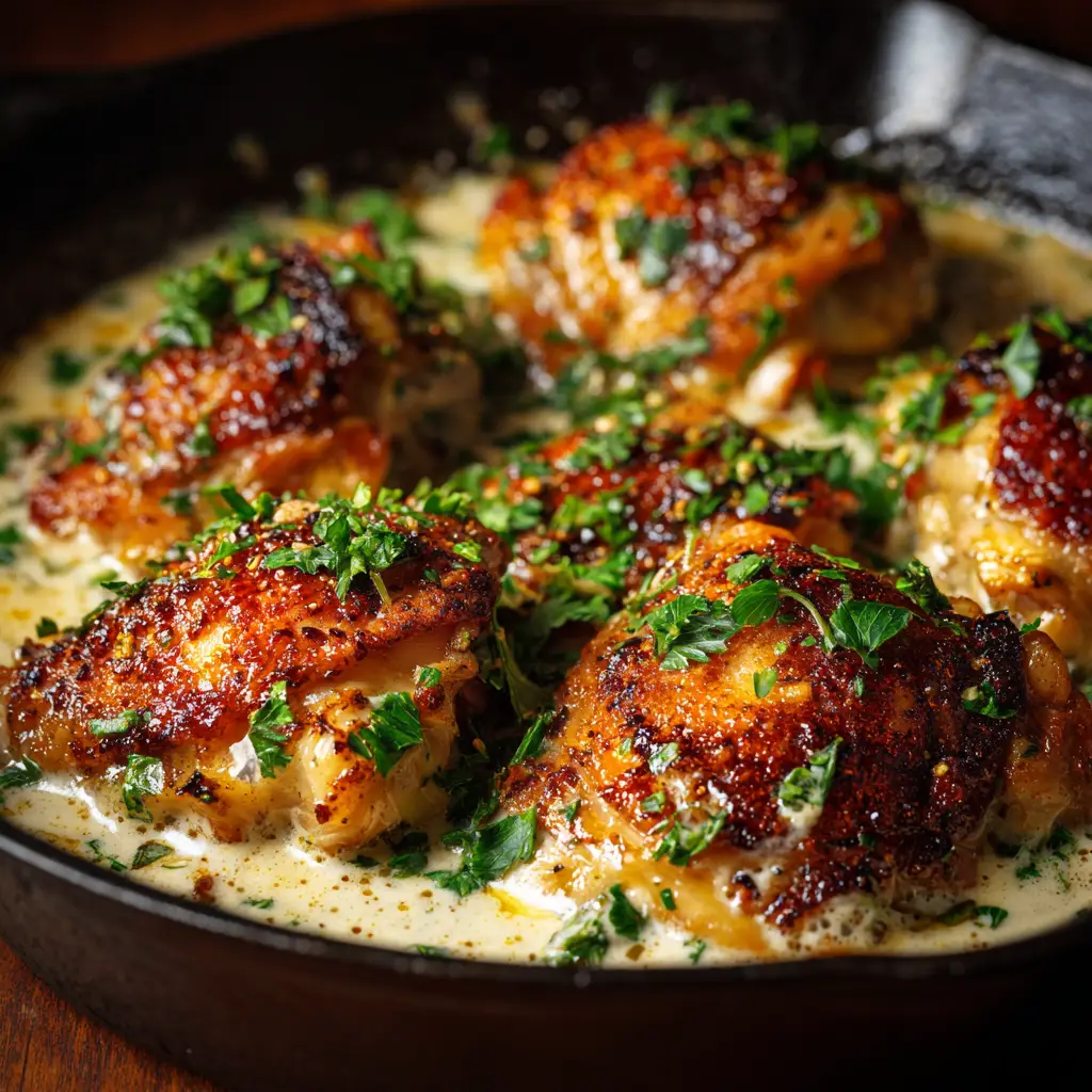 Creamy Garlic Chicken (Ready in Under 30 Minutes!) 2 A close-up view of the finished creamy garlic chicken simmering in the pan, garnished with fresh herbs.