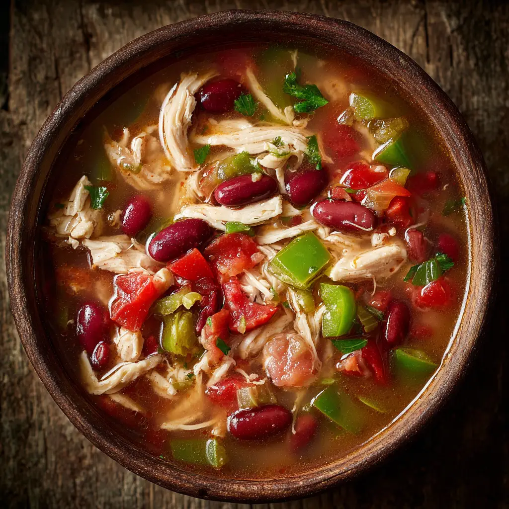A Dutch oven on a stovetop filled with the finished one-pot chicken taco soup before toppings have been added.