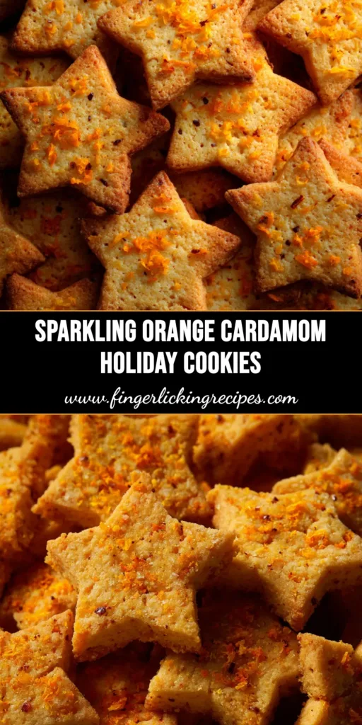 A tall pin image showing stacks of Orange Cardamom Shortbread cookies with text overlay reading 'Easy Orange Cardamom Shortbread Recipe'.