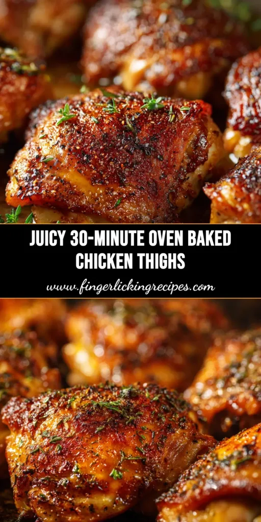 Oven Baked Chicken Thighs (Crispy & Juicy!) 5 Perfectly crispy oven baked chicken thighs arranged on a baking sheet, showcasing their golden-brown skin and juicy texture.