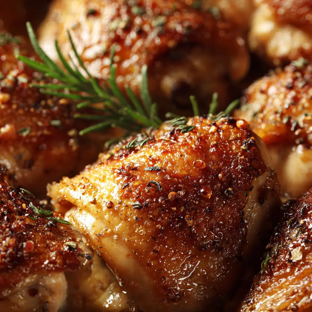 Oven-Baked Chicken Thighs: The Ultimate Crispy & Juicy Recipe 2 A plate of juicy oven-baked chicken thighs served with a side of roasted asparagus and lemon wedges, ready for a delicious dinner.