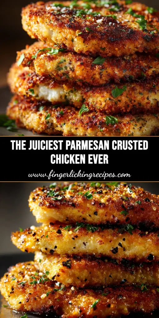 A close-up shot of golden brown Parmesan Crusted Chicken sliced to show the juicy interior, served on a white plate.