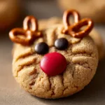 An extreme close-up of a perfectly baked Peanut Butter Reindeer Cookie showing its chewy texture before decoration.