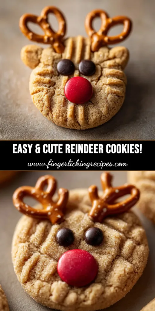 A platter of adorable Peanut Butter Reindeer Cookies decorated with pretzel antlers, candy eyes, and red noses, ready for a holiday party.