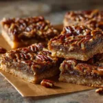 A stack of salted caramel pecan pie bars on a white plate, showcasing the gooey filling and buttery shortbread crust.