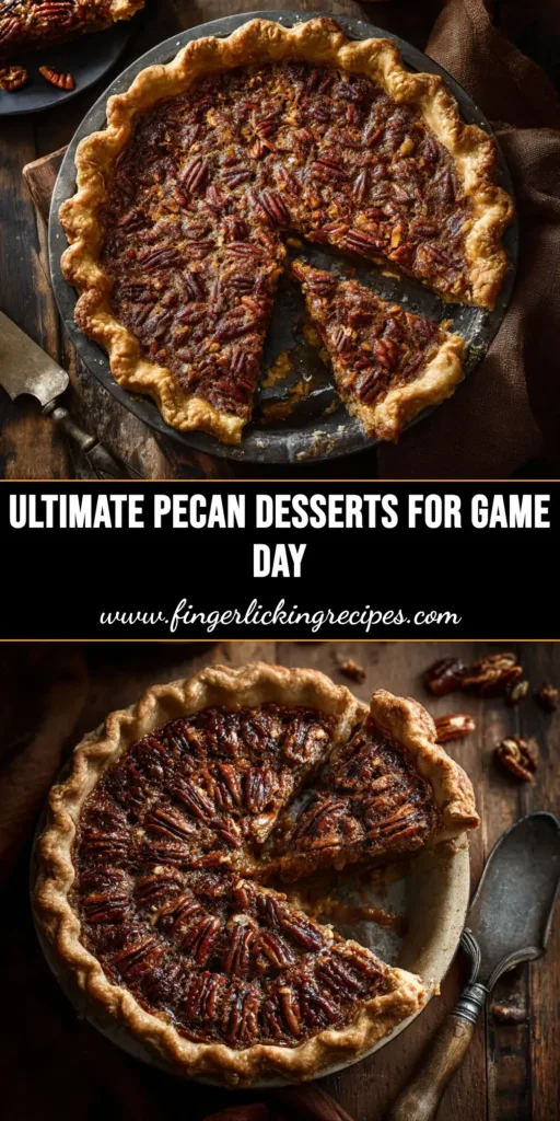 A grid of delicious pecan desserts, including pecan pie, pecan bars, and candied pecans, showcasing a variety of sweet treats.