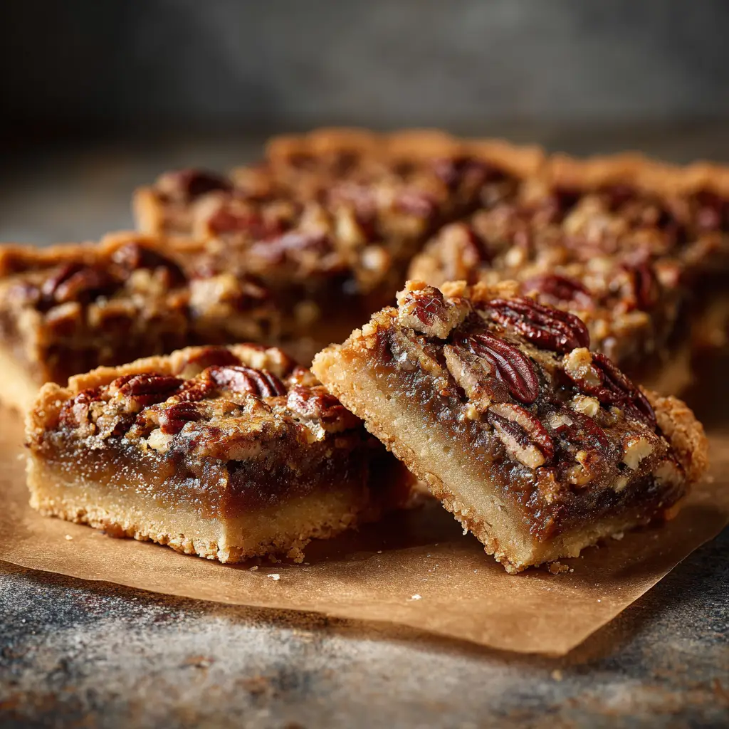 Close-up shot of a pecan dessert bar with a flaky shortbread crust and rich caramel topping.