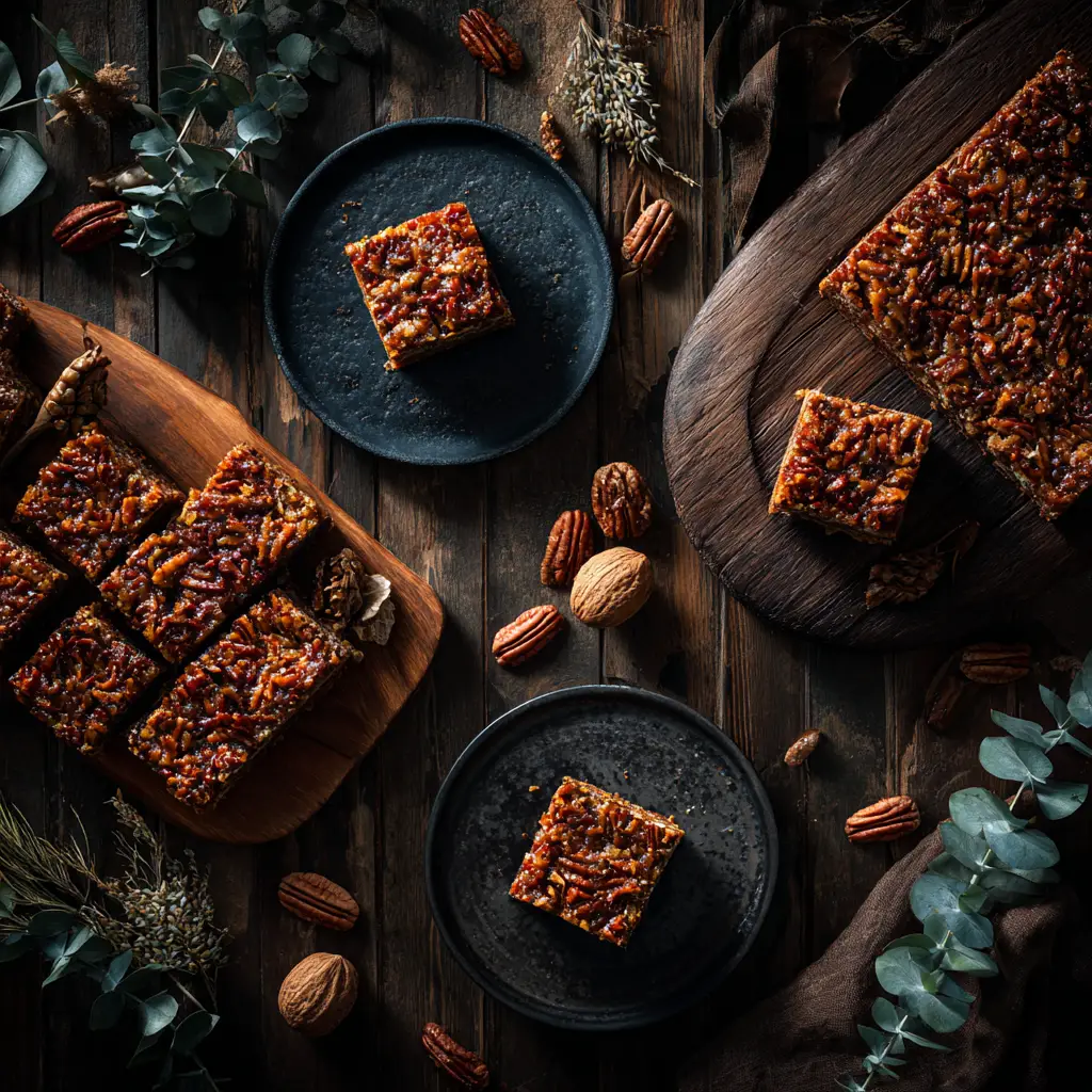 A close-up of a single pecan pie bar, showing the distinct layers of shortbread crust and gooey pecan filling.