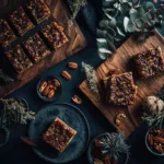 An overhead shot of freshly baked pecan pie bars cooling in a baking pan, showcasing the rich, nutty topping.