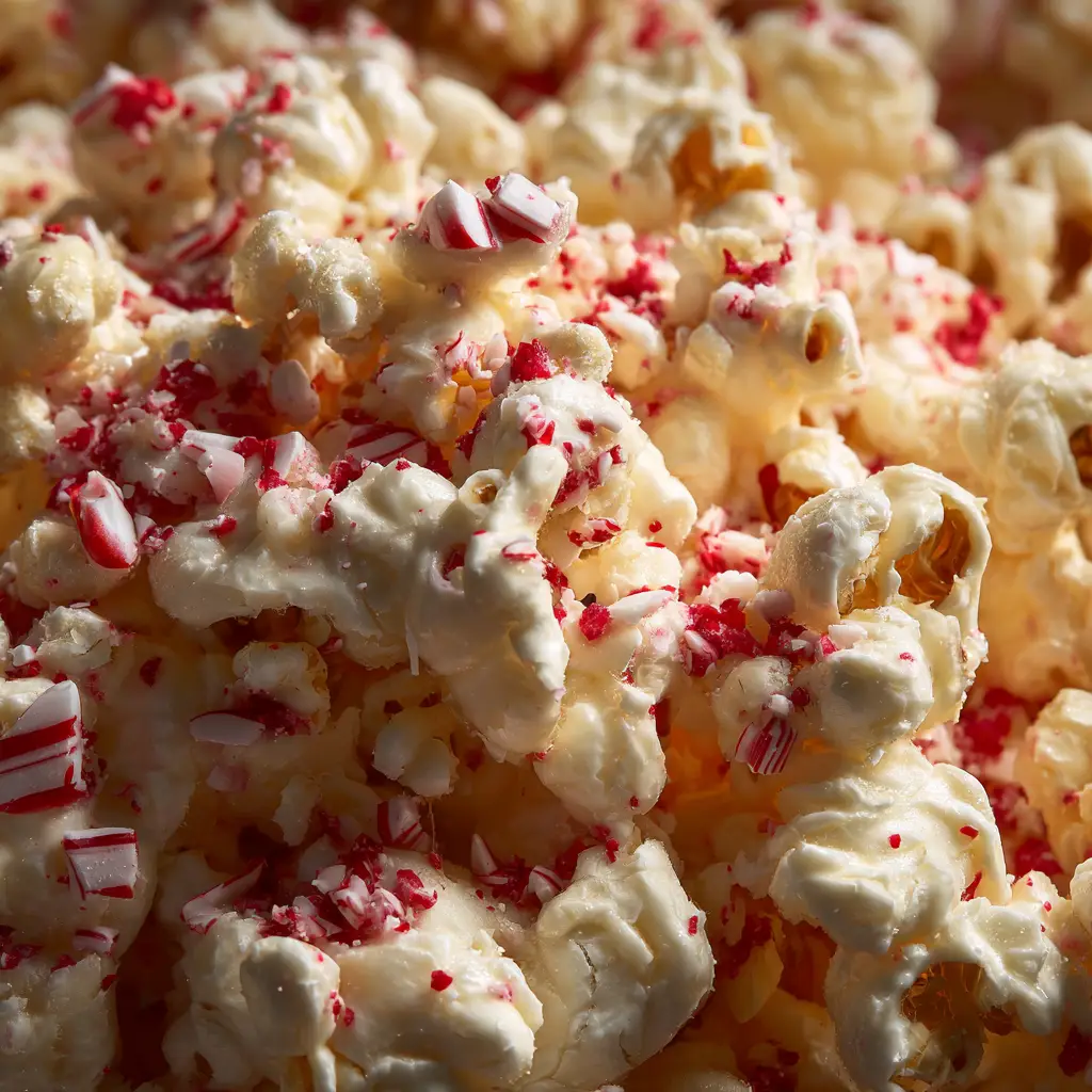 Peppermint bark popcorn being spread on a baking sheet to cool, topped with festive red and green sprinkles.