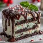 A close-up macro shot showing the creamy texture of the peppermint filling for the no-bake Oreo icebox cake.
