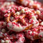 Peppermint Pretzel Bites: The Easiest Holiday Treat An extreme close-up shot of a single peppermint pretzel bite, showing the texture of the smooth white chocolate and the sparkling crushed peppermint.