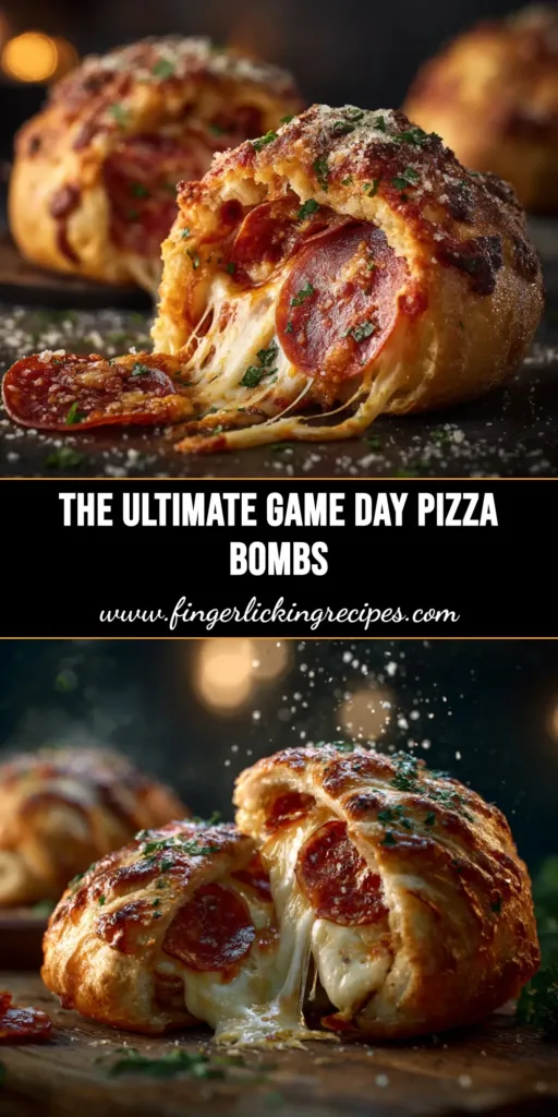 A tray of perfectly golden-brown pepperoni pizza bombs, with one broken open to show a gooey cheese pull. The text reads 'Easy Pepperoni Pizza Bombs.'