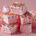 A close-up macro shot of a single pink marshmallow treat, showing the soft and chewy texture of the marshmallow and crispy cereal.