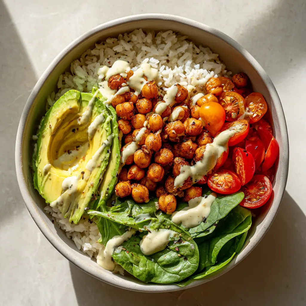 A close-up of crispy tofu and roasted broccoli in a plant-based recipe, showcasing the delicious textures in the vegetarian rice bowl.