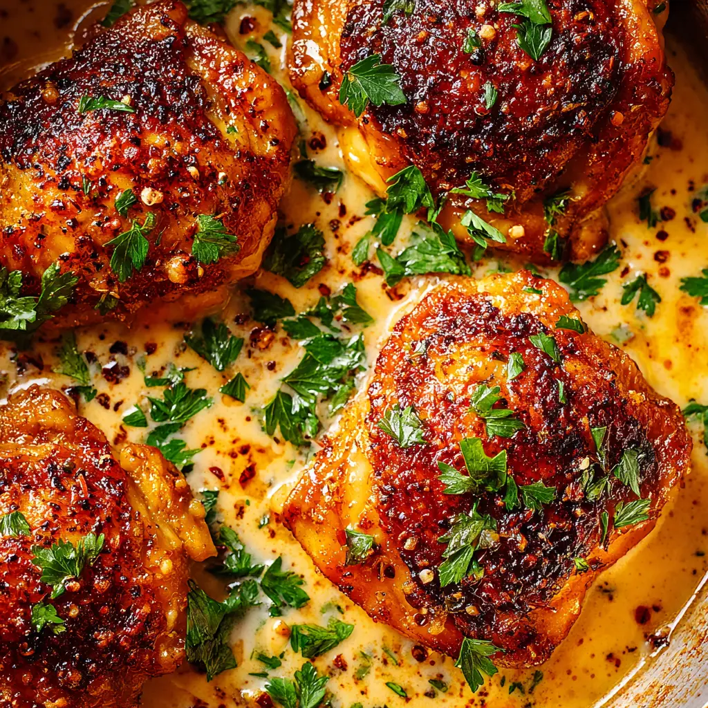 Creamy Brown Sugar Dijon Chicken Thighs (The Ultimate 30-Minute Meal) 2 A plate of creamy brown sugar dijon chicken thighs served over mashed potatoes with a side of steamed asparagus.