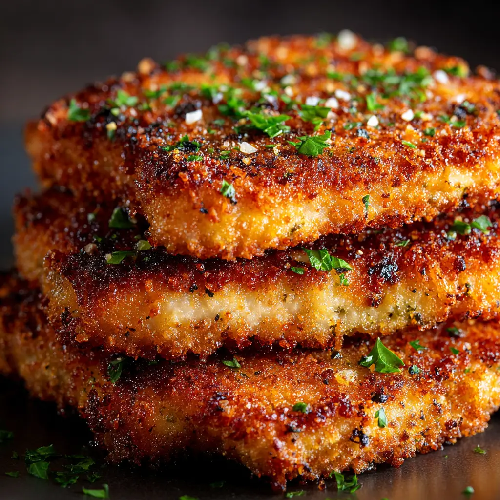 Chicken breasts coated in a parmesan and panko mixture, ready to be baked on a baking sheet.