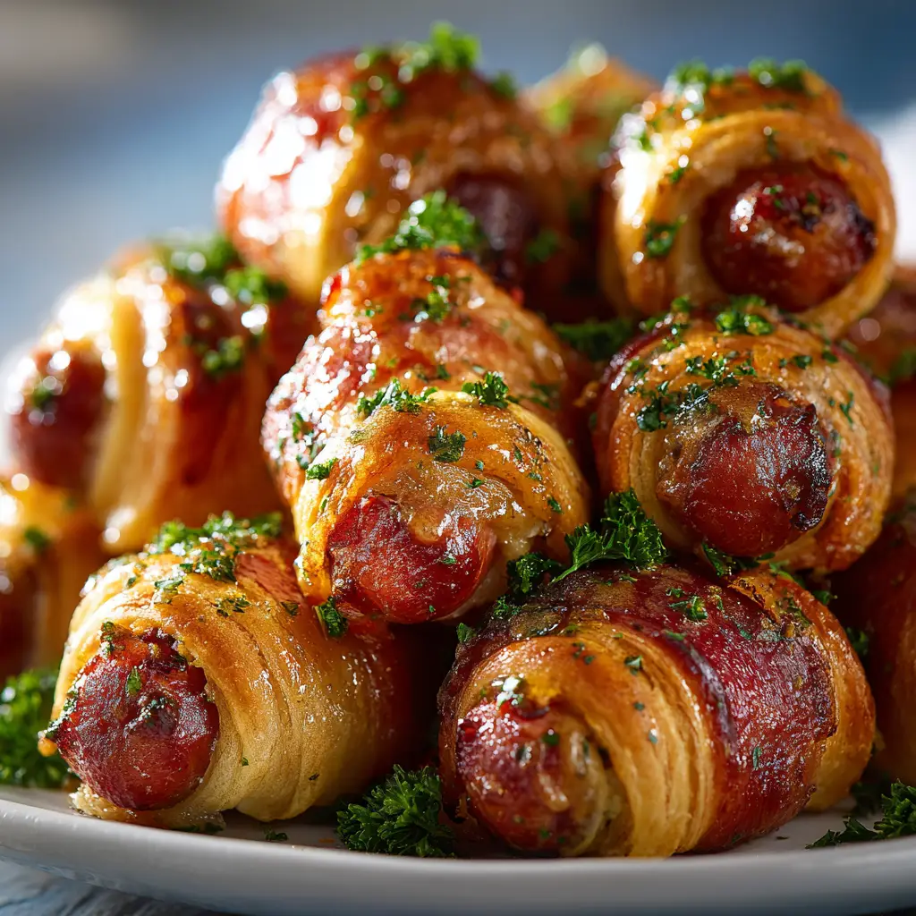 A tray of freshly baked puff pastry pigs in a blanket before being served, topped with various seeds.
