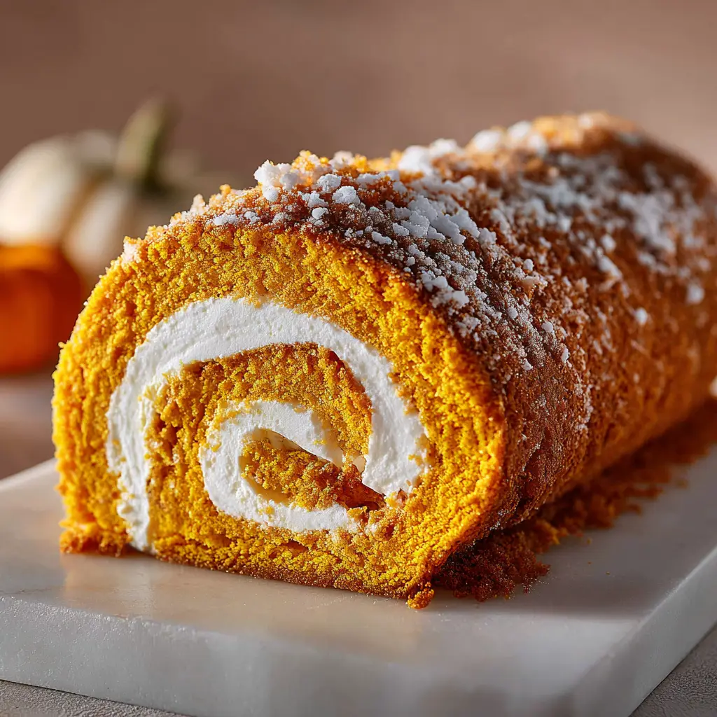 Pumpkin Roll Recipe (The Last One You'll Ever Need) 3 A pumpkin cake roll being filled with a generous layer of cream cheese frosting before being rolled up.