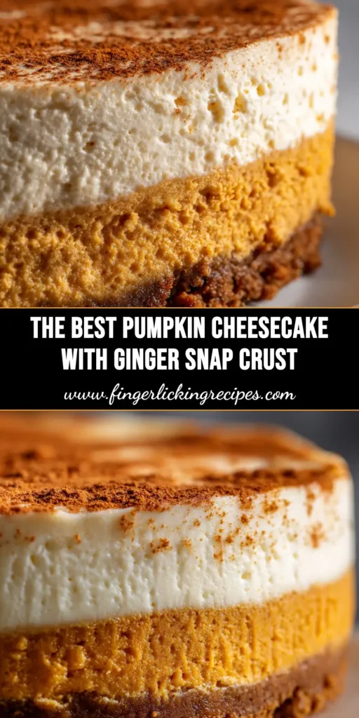 A perfect slice of creamy pumpkin cheesecake recipe on a white plate, topped with whipped cream and a sprinkle of cinnamon. The Biscoff crust is visible at the bottom.