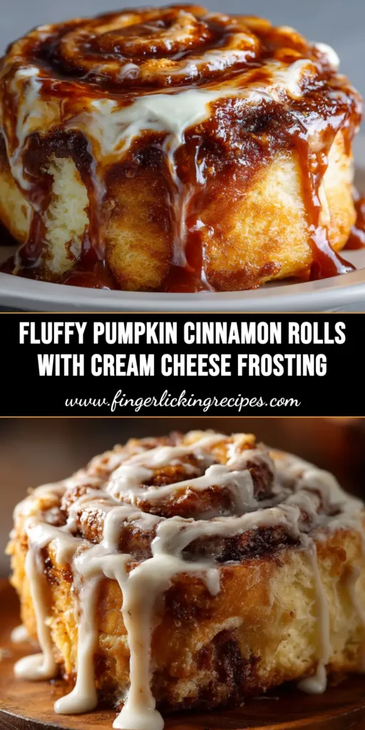A pan of freshly baked pumpkin cinnamon rolls generously topped with white cream cheese frosting, with one roll pulled out to show its gooey texture.