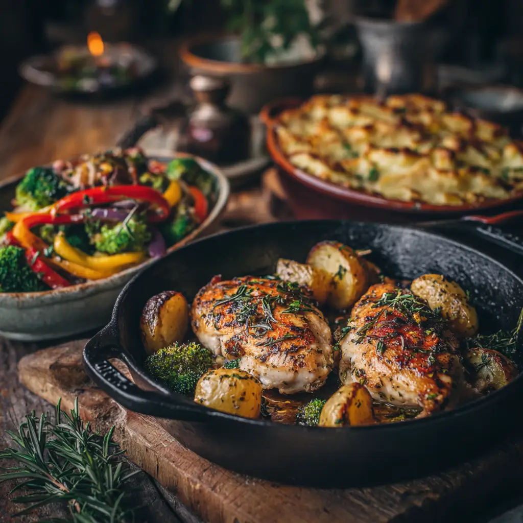 An overhead view of various quick chicken dinners, highlighting the fresh ingredients and simple preparation involved in these easy chicken recipes.