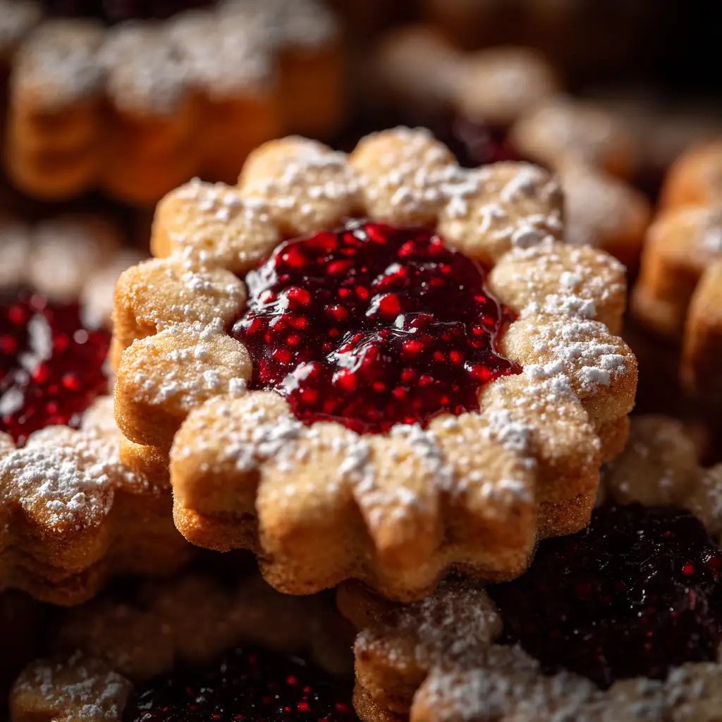 Linzer Cookies Recipe (The Best Buttery & Tender Guide) 3 A close-up shot of assembled Linzer cookies on a cooling rack, highlighting their tender, crumbly texture.