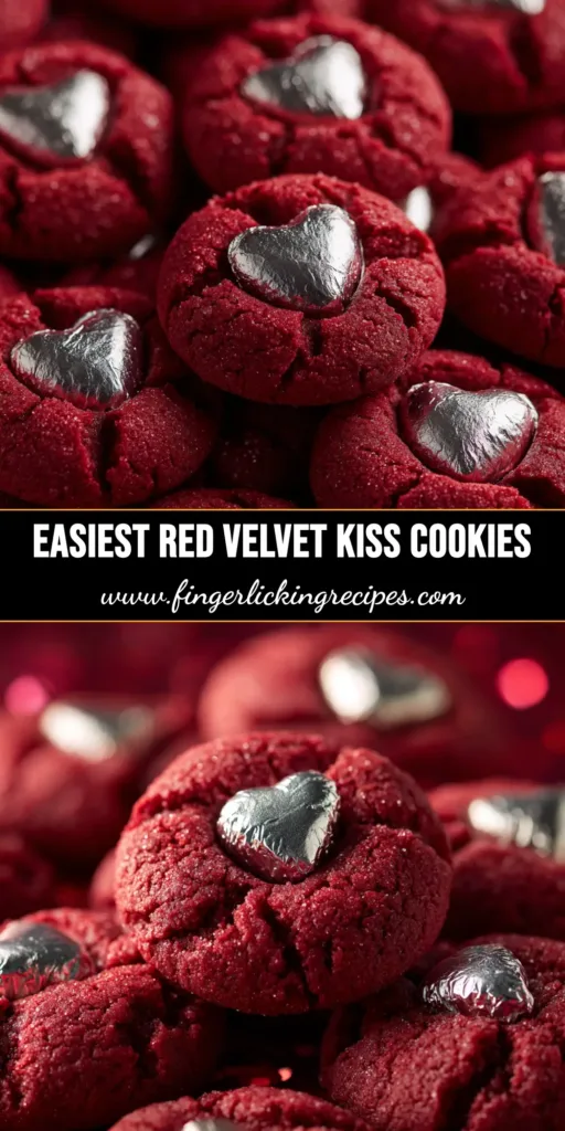 Red Velvet Blossom Cookies: The Ultimate Chewy Recipe 5 A pile of vibrant Red Velvet Blossom Cookies on a plate. These soft, chewy red velvet cookies each have a Hershey's Kiss pressed into the center, making them a perfect holiday treat.