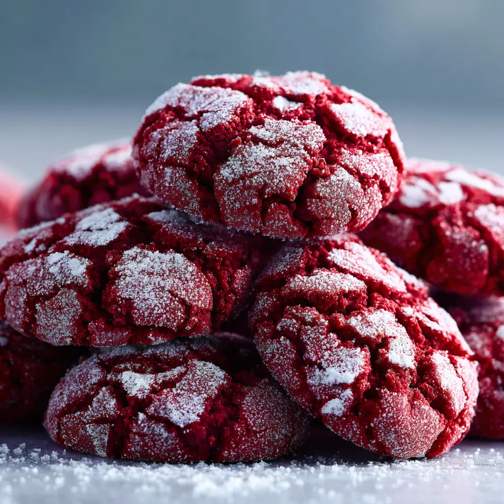 Red Velvet Crinkle Cookies (The Ultimate Chewy Recipe) 3 A close-up of the deep red, chewy red velvet crinkle cookie dough in a glass mixing bowl before being chilled.