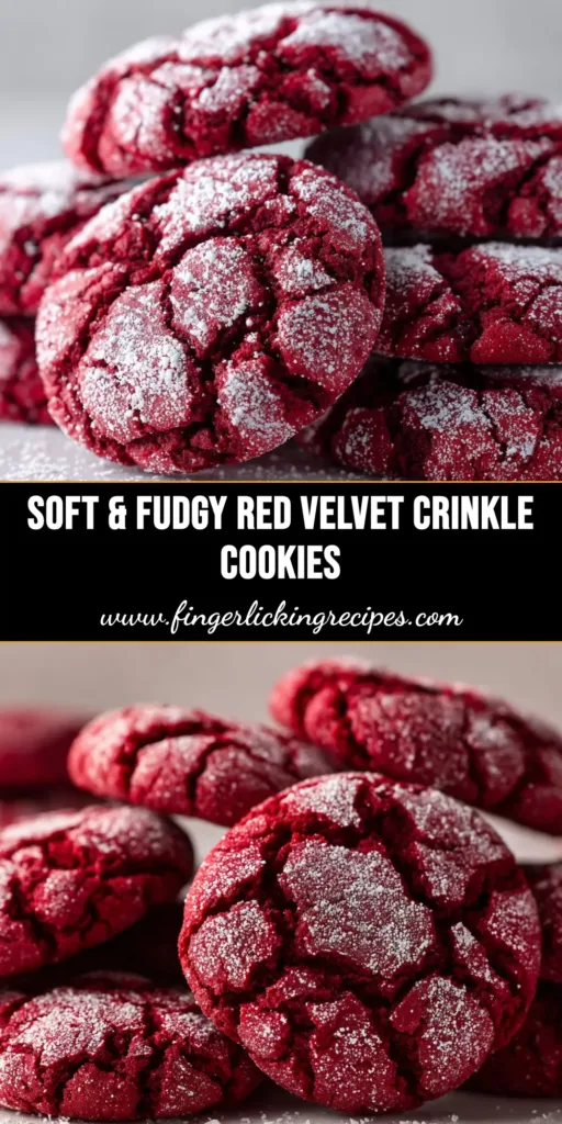 Red Velvet Crinkle Cookies (The Ultimate Chewy Recipe) 5 A platter of festive Red Velvet Crinkle Cookies, showing their vibrant red color and cracked, powdered sugar coating. Perfect for Christmas baking.