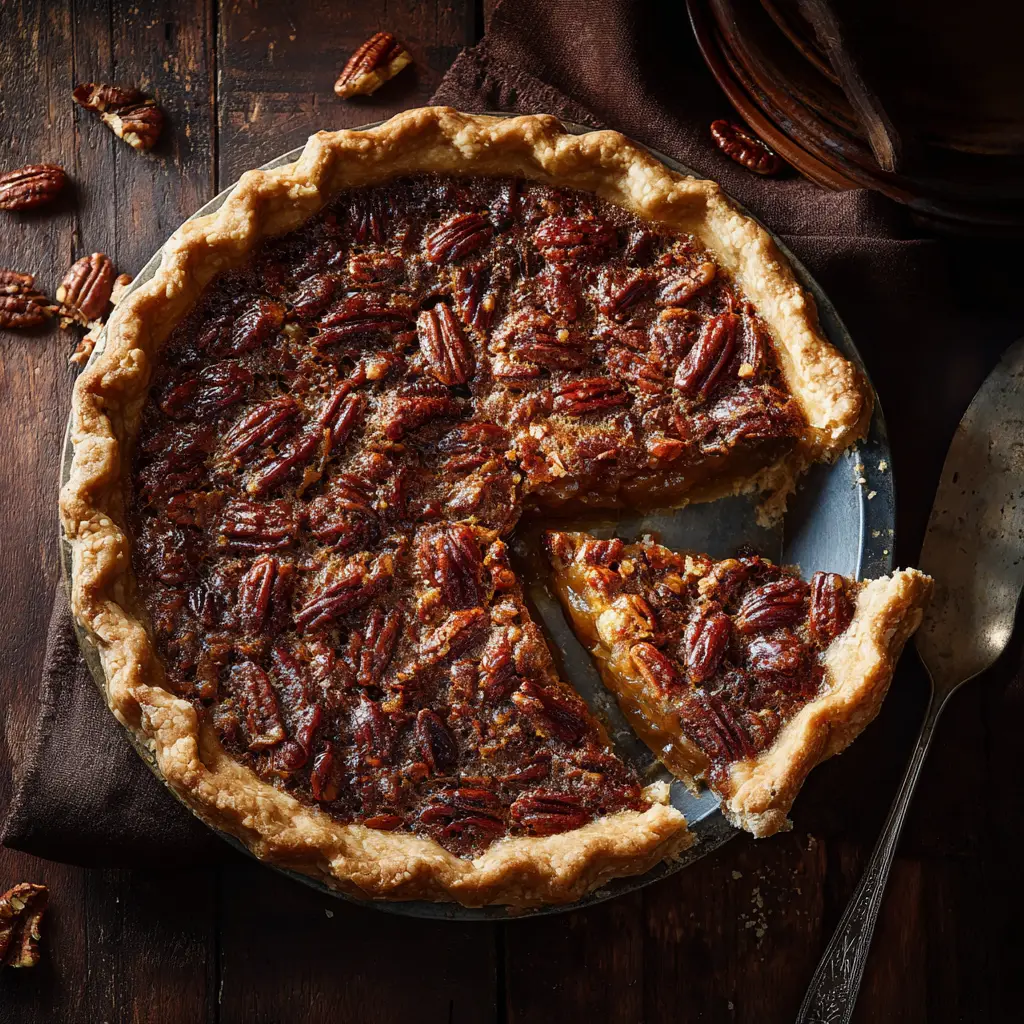 A close-up shot of a pecan pie, highlighting the gooey, rich filling and toasted pecans. A perfect example of holiday pecan desserts.