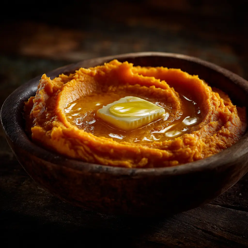 A final plated shot of the romantic sweet potato side dish, glistening with sage-infused brown butter and topped with crunchy pecans.