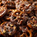 An extreme close-up of a single Rolo Pretzel Turtle, highlighting the glossy melted chocolate and the texture of the toasted pecan.
