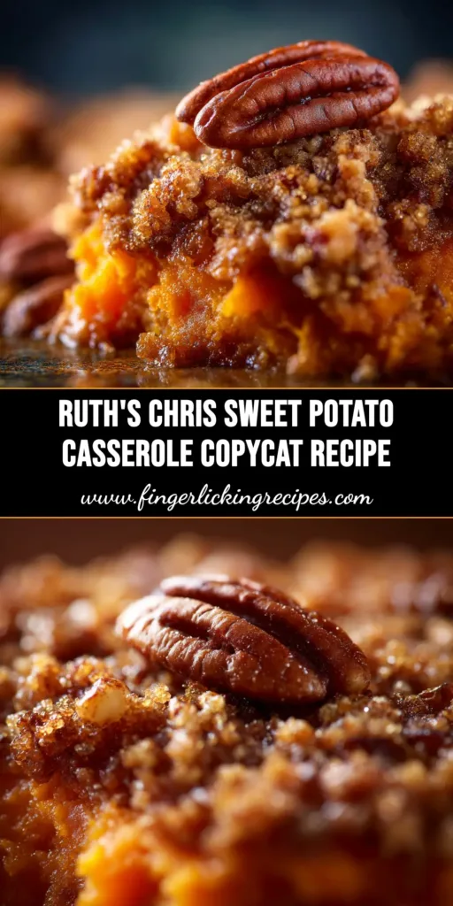 A top-down view of the finished Ruth's Chris Sweet Potato Casserole in a baking dish, showing the golden-brown, crunchy pecan topping.