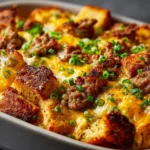 A close-up slice of savory breakfast casserole on a plate, showing layers of sausage, egg, and melted cheese.
