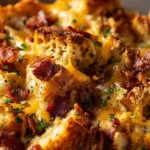 A close-up macro shot of a slice of savory Christmas breakfast strata, showing the fluffy egg and melted cheese texture.