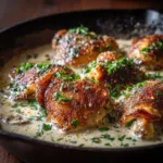 An extreme close-up of a golden-brown seared chicken breast being coated in a creamy garlic sauce in a skillet.
