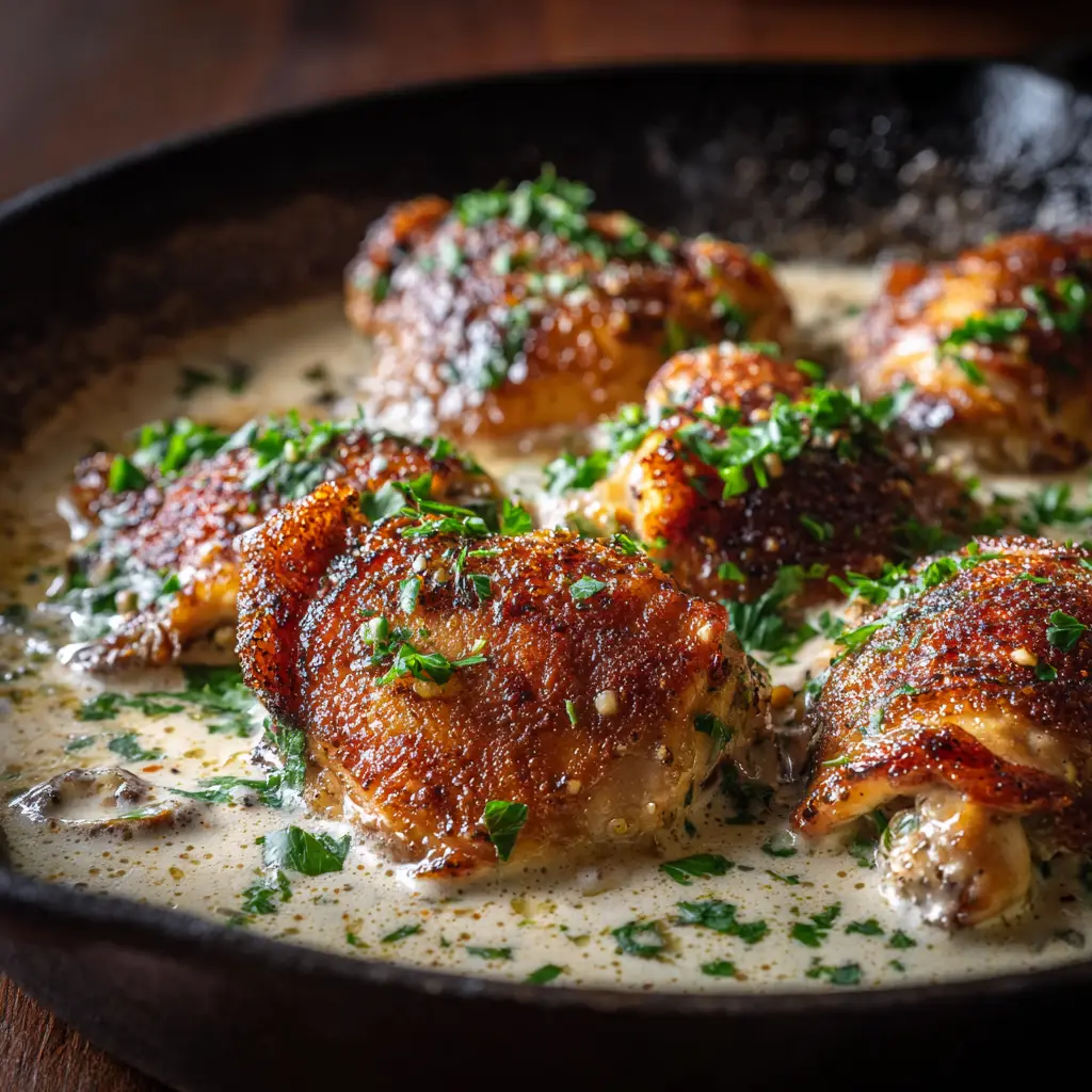 Creamy Garlic Chicken (Ready in Under 30 Minutes!) 3 An extreme close-up of a golden-brown seared chicken breast being coated in a creamy garlic sauce in a skillet.