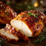 An extreme close-up of a tender oven-baked chicken breast, highlighting the savory crust of paprika and garlic seasoning.