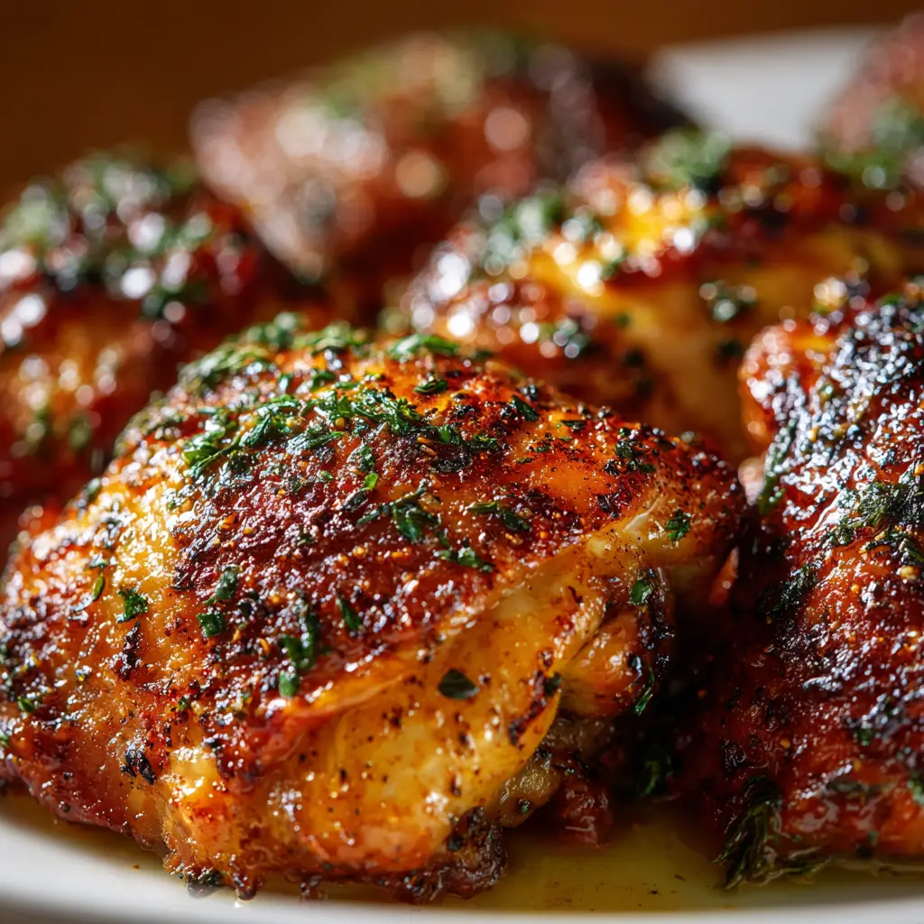 Oven Baked Chicken Thighs (Crispy & Juicy!) 3 Seasoned raw chicken thighs on a baking sheet, ready to be placed in the oven to bake.