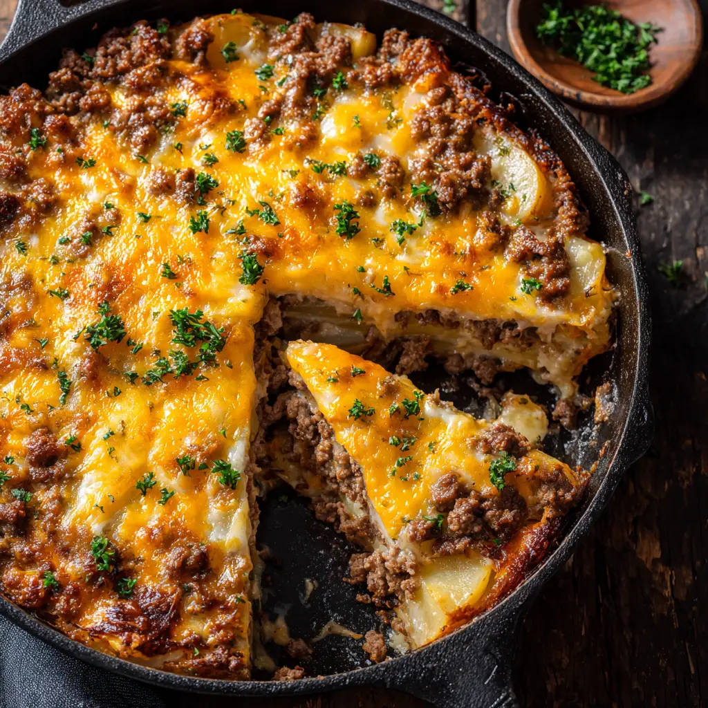 A scoop of the beef and potato bake on a white plate, showing the creamy layers of potato, ground beef, and cheese sauce.