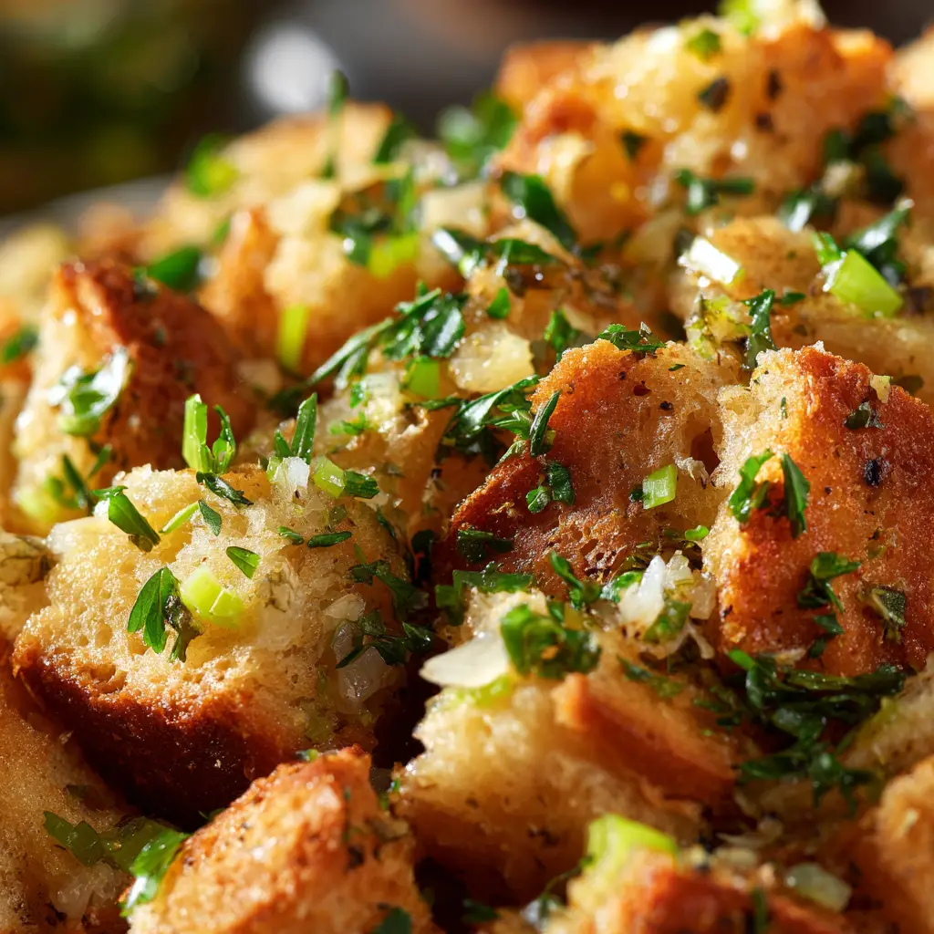 Thanksgiving Stuffing Recipe (The Only One You'll Ever Need) 2 A spoonful of baked Thanksgiving stuffing being lifted from a baking dish, showcasing its moist and savory texture.