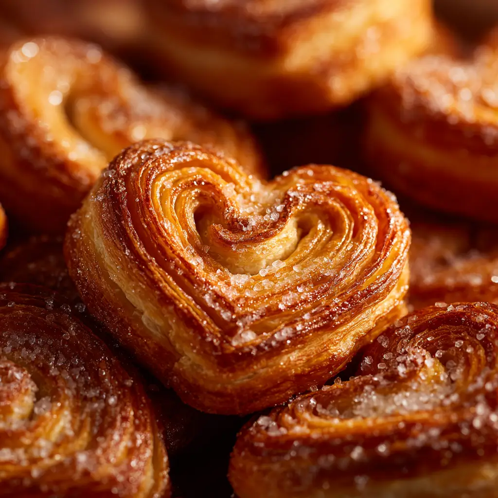 A process shot showing puff pastry hearts being cut out from a folded sheet of dough on a floured surface.