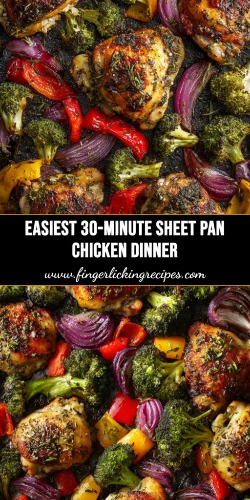 An amazing Sheet Pan Chicken and Veggies recipe perfect for a quick and healthy weeknight dinner. The image shows perfectly roasted chicken, broccoli, and peppers on a single sheet pan.