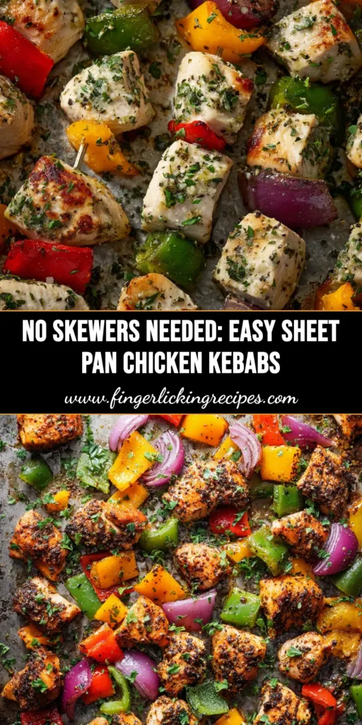 Sheet Pan Chicken Kebabs: The Easiest Weeknight Dinner 4 Deliciously charred Sheet Pan Chicken Kebabs arranged on a baking sheet. The skewers are loaded with juicy chicken, red onion, colorful bell peppers, and zucchini, ready for an easy weeknight dinner.