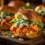 An extreme close-up of a single shredded chicken slider, showing the texture of the spicy buffalo filling and melted cheese on a soft roll.