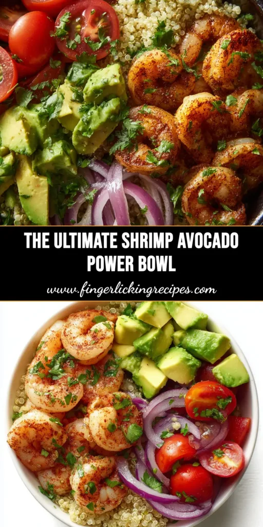 A vibrant and healthy Shrimp and Avocado Power Bowl recipe in a white bowl, drizzled with cilantro-lime dressing. Perfect for a quick lunch or dinner.
