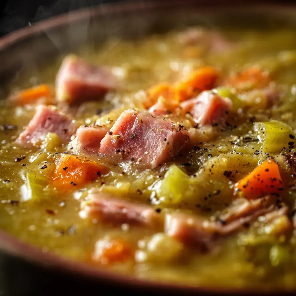 Split Pea Soup: The Ultimate Recipe for a Hearty, Comforting Meal 3 A close-up shot of split pea soup simmering in a Dutch oven, with chunks of ham and vegetables visible.